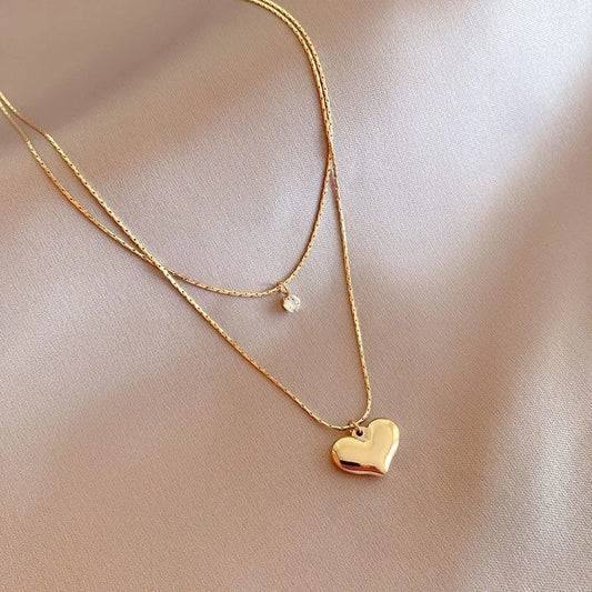 Stainless Steel Double Layer Smooth Metal Heart Pendant Necklace